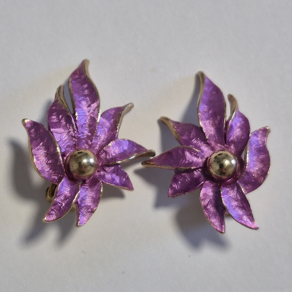 Vibrant Purple and Gold-tone Floral Clip-on Earrings with Gold Bead Accent